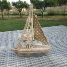 Wooden Boat Brown Blue White with Net and Shells Handmade Nautical Decor