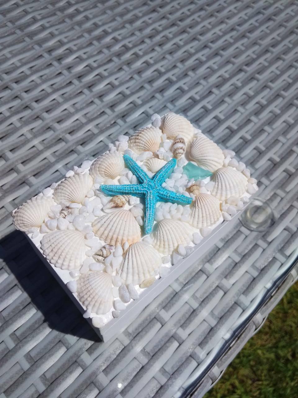 Nautical Box Handmade Wooden White Blue with Starfish and shells Nautical Decor