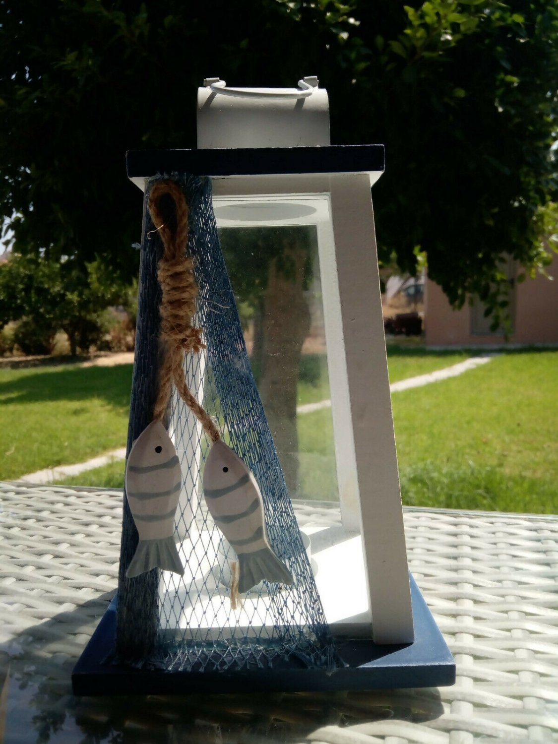 Nautical Lantern Handmade Wooden White Blue with Net and Fishes Nautical Decor