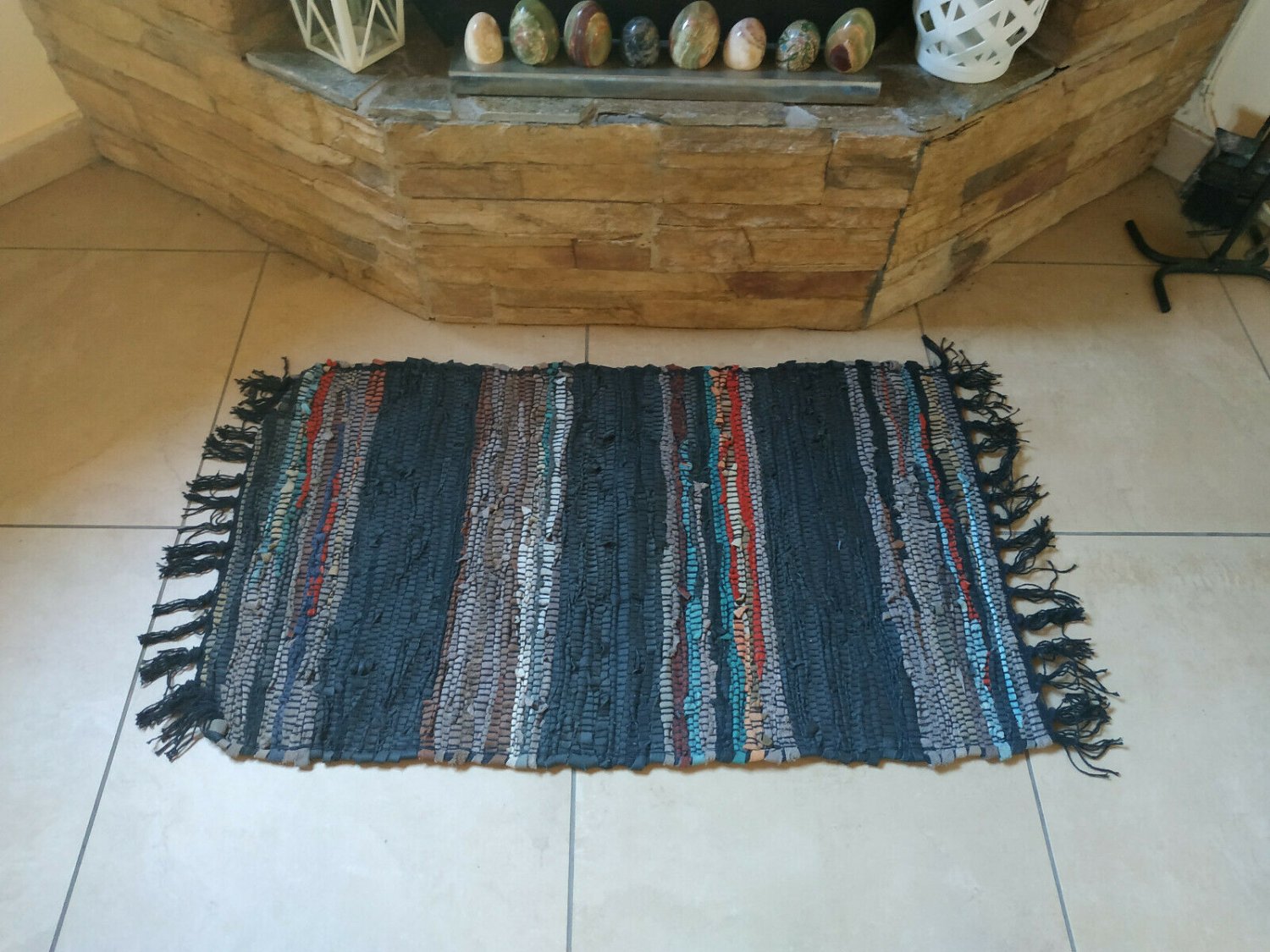 Leather Rug Striped Black Gray Mat Fireplace Sparks Resistant and Protection