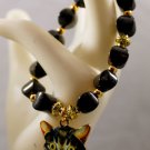 Bronzite Gemstone Pillow Beads bracelet with Cat Face & gold plated beads and accents