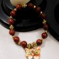 Red Poppy Jasper Gemstone Bead bracelet with Cat Face & gold plated beads and accents