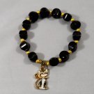 Bronzite Gemstone Pillow Beads bracelet with Enameled Cat Charm & gold plated beads and accents
