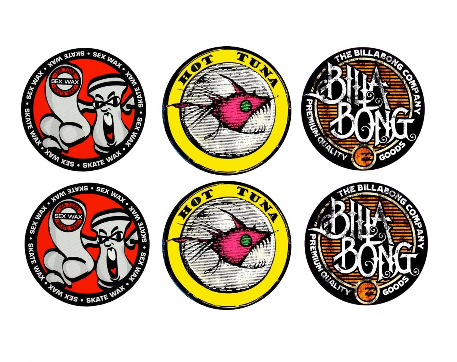 Set of 6 Surf Logo Stickers, 3 Iconic Brands, Hot Tuna, Bilabong and Mr Zoggs Skate/Sex Wax