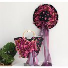 Women's floppy hat and beach handbag set Black with pink flowers