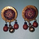 Red Blue Beaded Gold Button Pierced Earrings