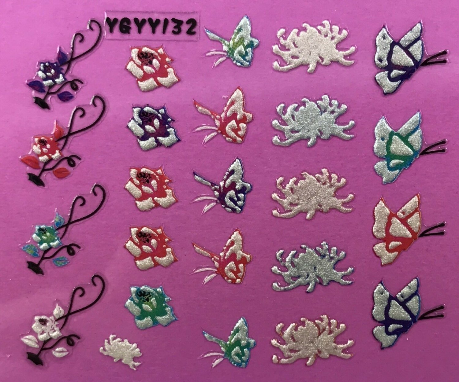 TM Nail Art 3D Decal Stickers Pearlescent Butterflies & Flowers YGYY132