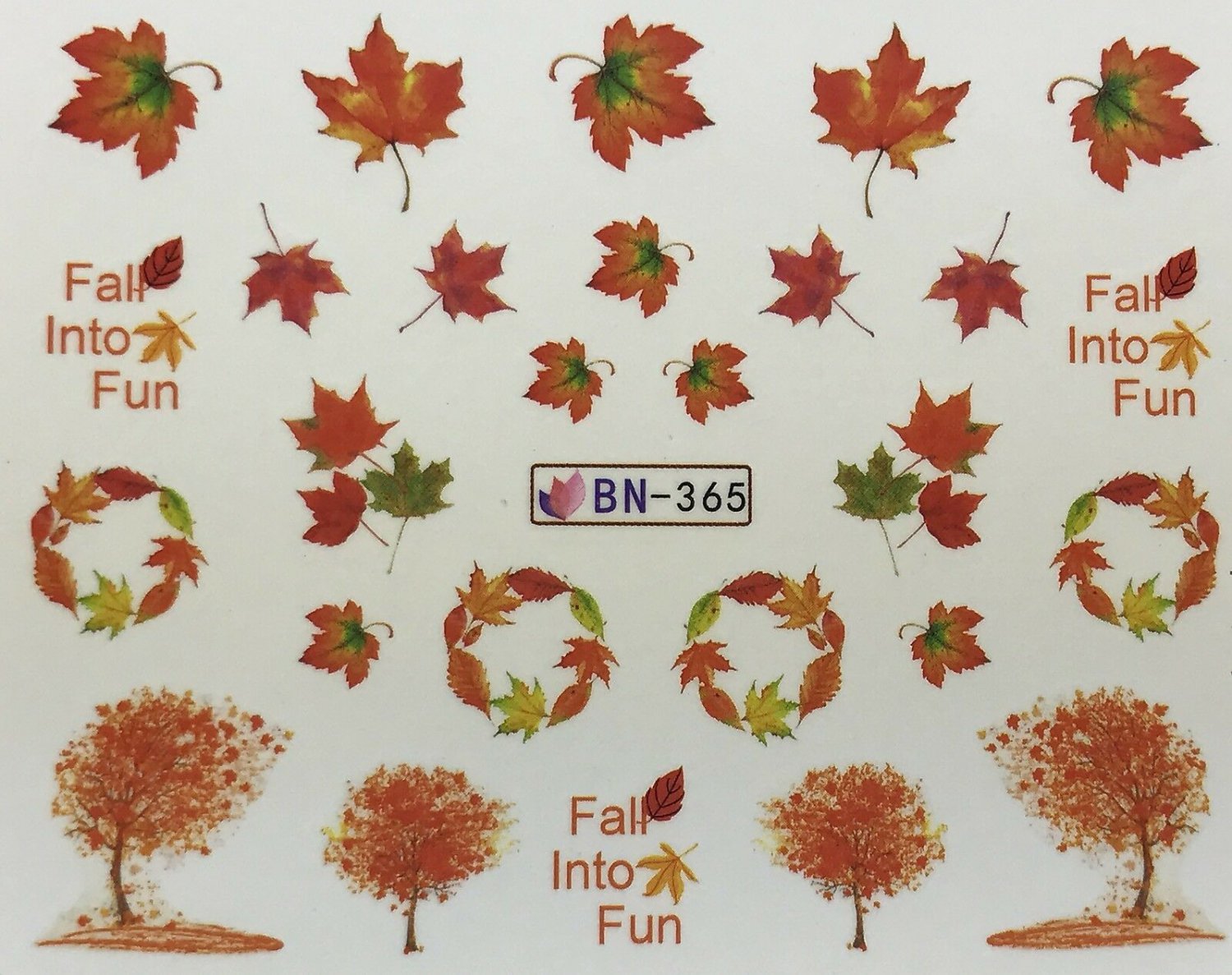 TM Nail Art Water Decals Autumn Fall Into Fun Trees Orange Leaves BN365
