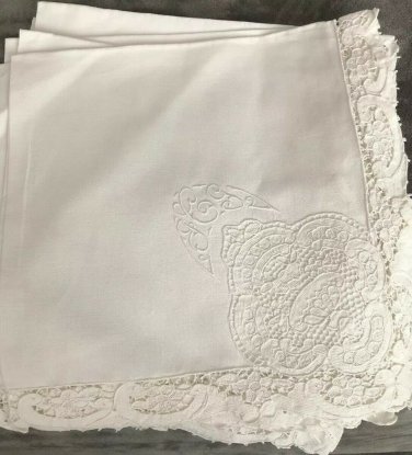 10 VINTAGE LINEN ITALIAN POINT DE VENISE NEEDLE LACE DINNER NAPKINS 22â Monogram