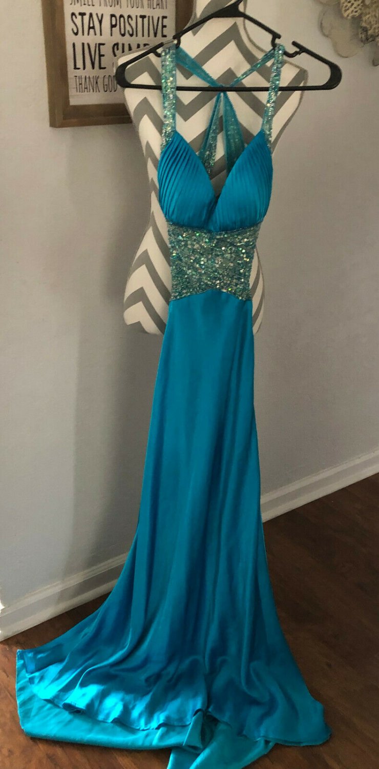 JOVANI Aqua Backless Peekaboo Sequin Rhinestone Gown Dress Prom Homecoming