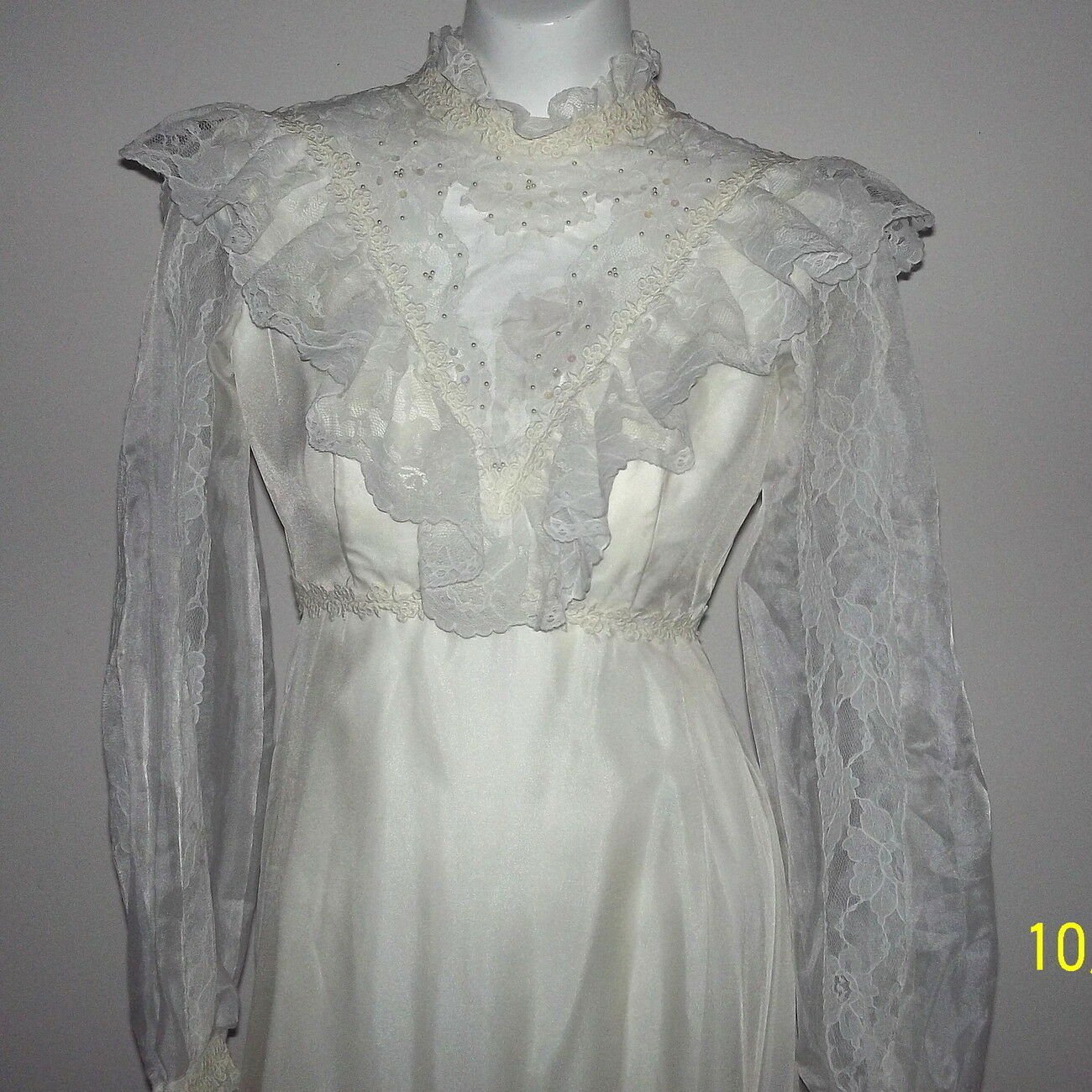 Vintage 60s Chiffon Lace Wedding Dress Edwardian Bridal Gown Beads Pearls