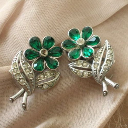 Vintage Art Deco Rhinestone Flower Earrings Rhodium Plated