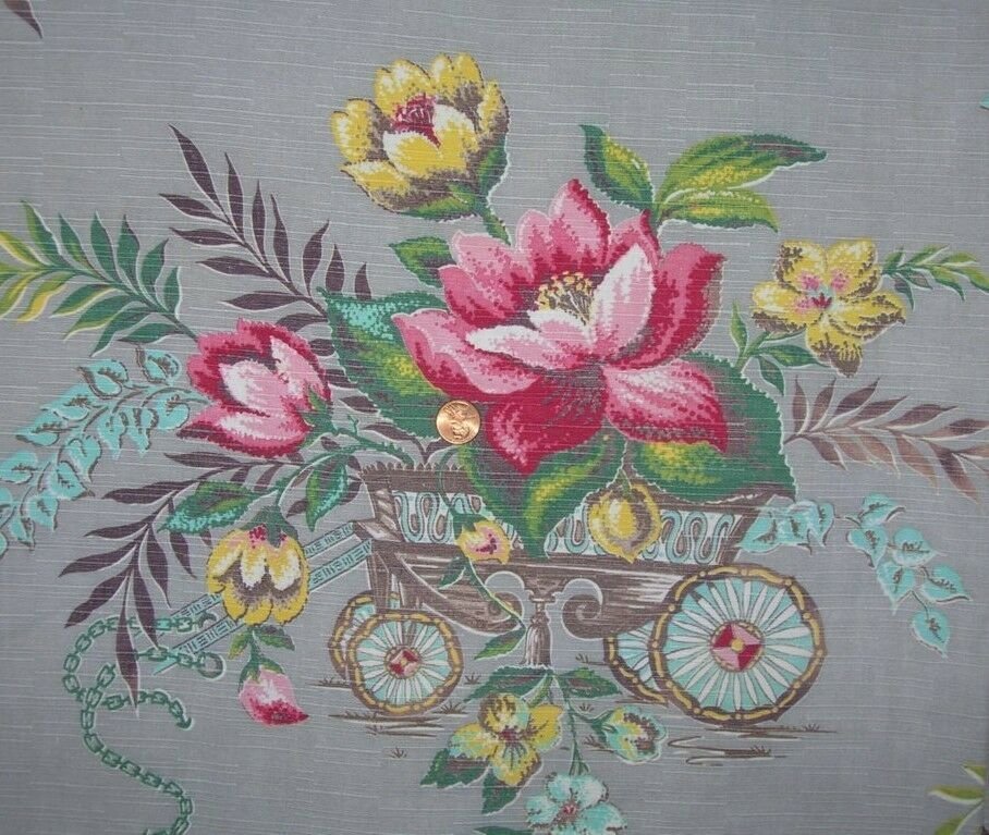 Vintage Floral Barkcloth Fabric Drapery Panel Fabric Destash
