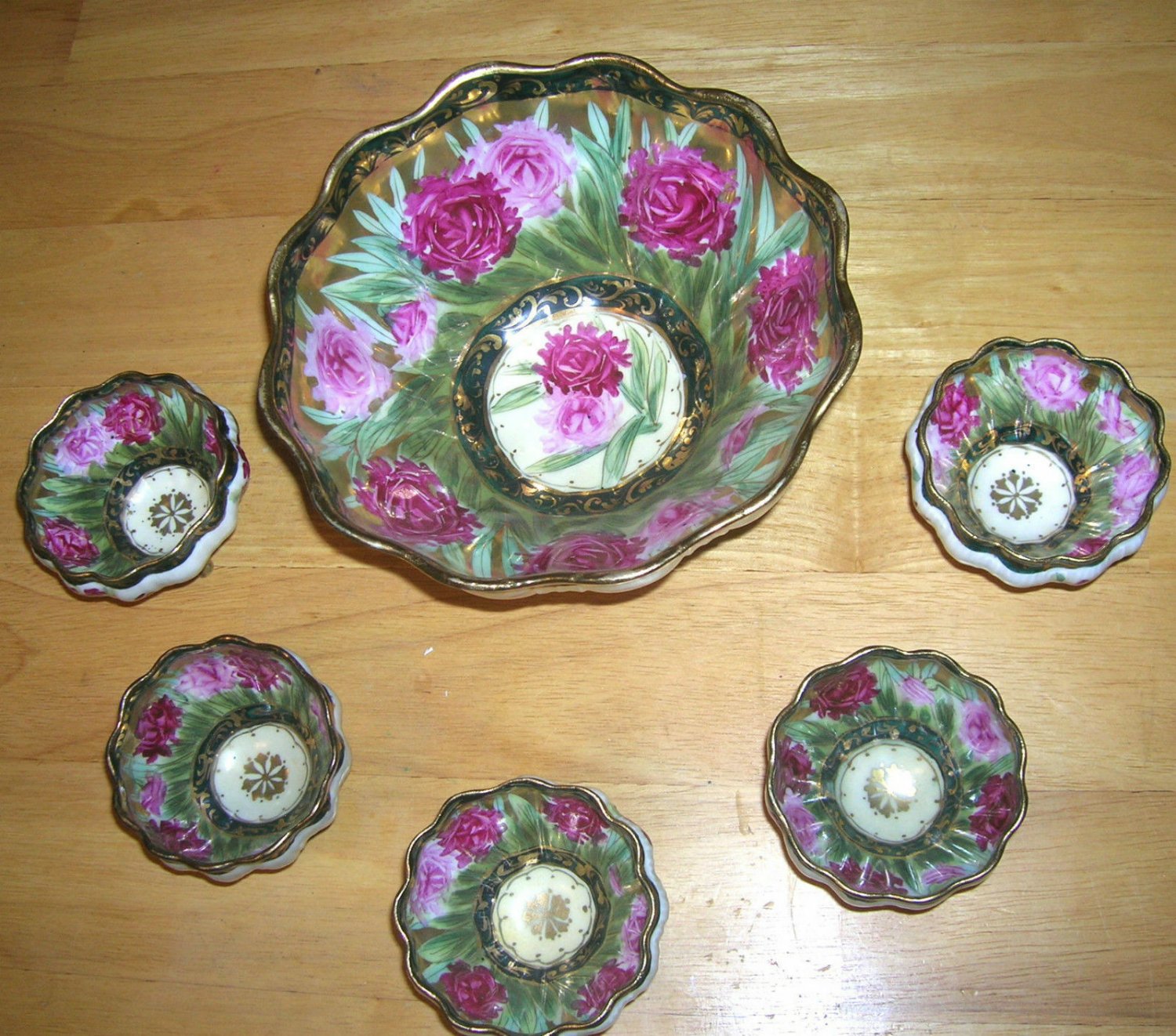 Vintage Heavy Gold Nippon Moriage Footed Nut Bowl Dish Set Hand Painted 6 Pc Set