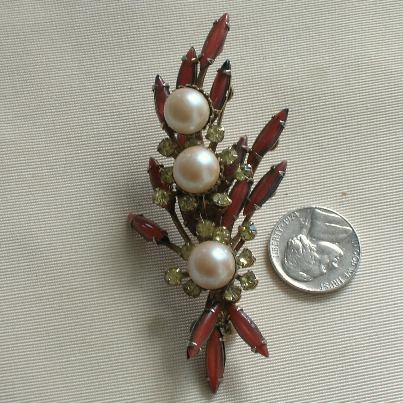Vintage CATHE' Prong Set Rhinestone Pearl Brooch Pin Art Glass Stones 3 1/4"