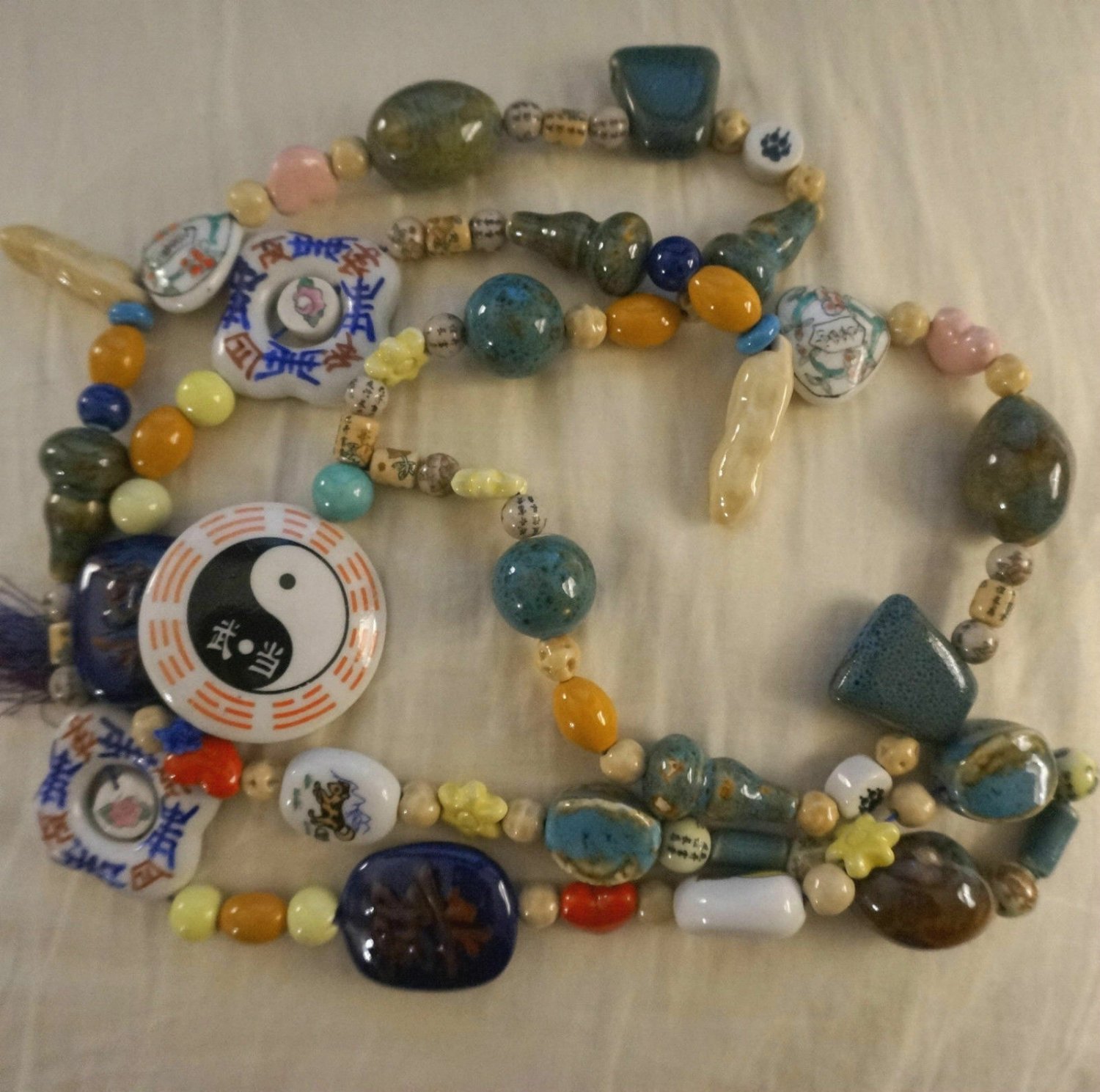 VINTAGE CHINESE SYMBOLS CERAMIC CLAY PORCELAIN BEADS GOOD LUCK NECKLACE 66"
