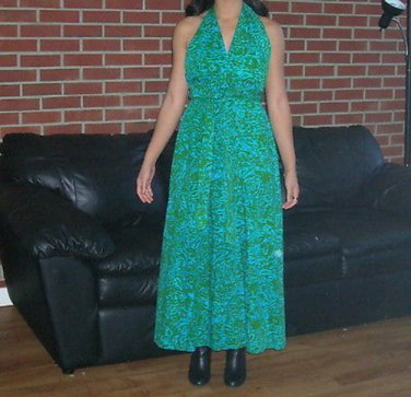 Vintage 50s Hawaiian ? Full Sweep Garden Party Halter Dress Maxi Gown Teal Green