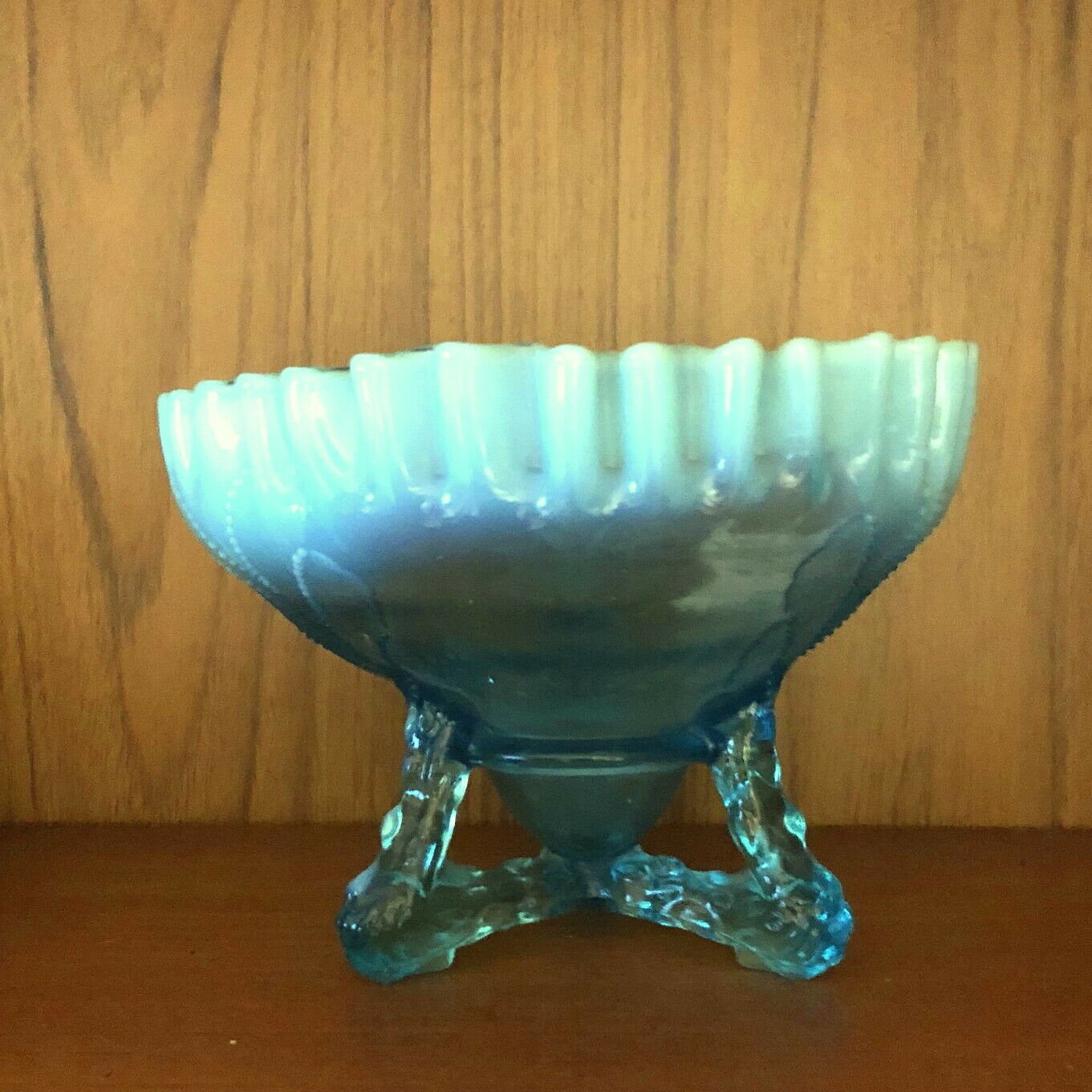 Antique Blue Tripod Leg Ruffled Opalescent Bowl Feather Pattern