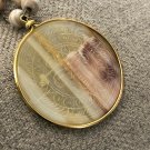 Vintage India Natural Agate Slice & Bead Chain Pendant Necklace Engraved Face