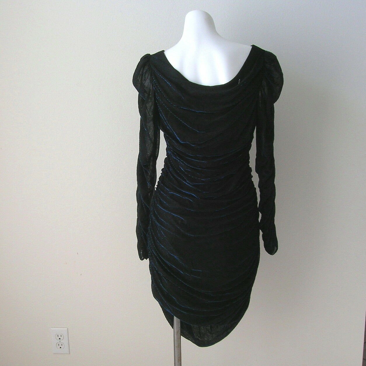 Vintage  80s Electric Blue Lurex Black Ruched Bombshell Wiggle Glitter Dress