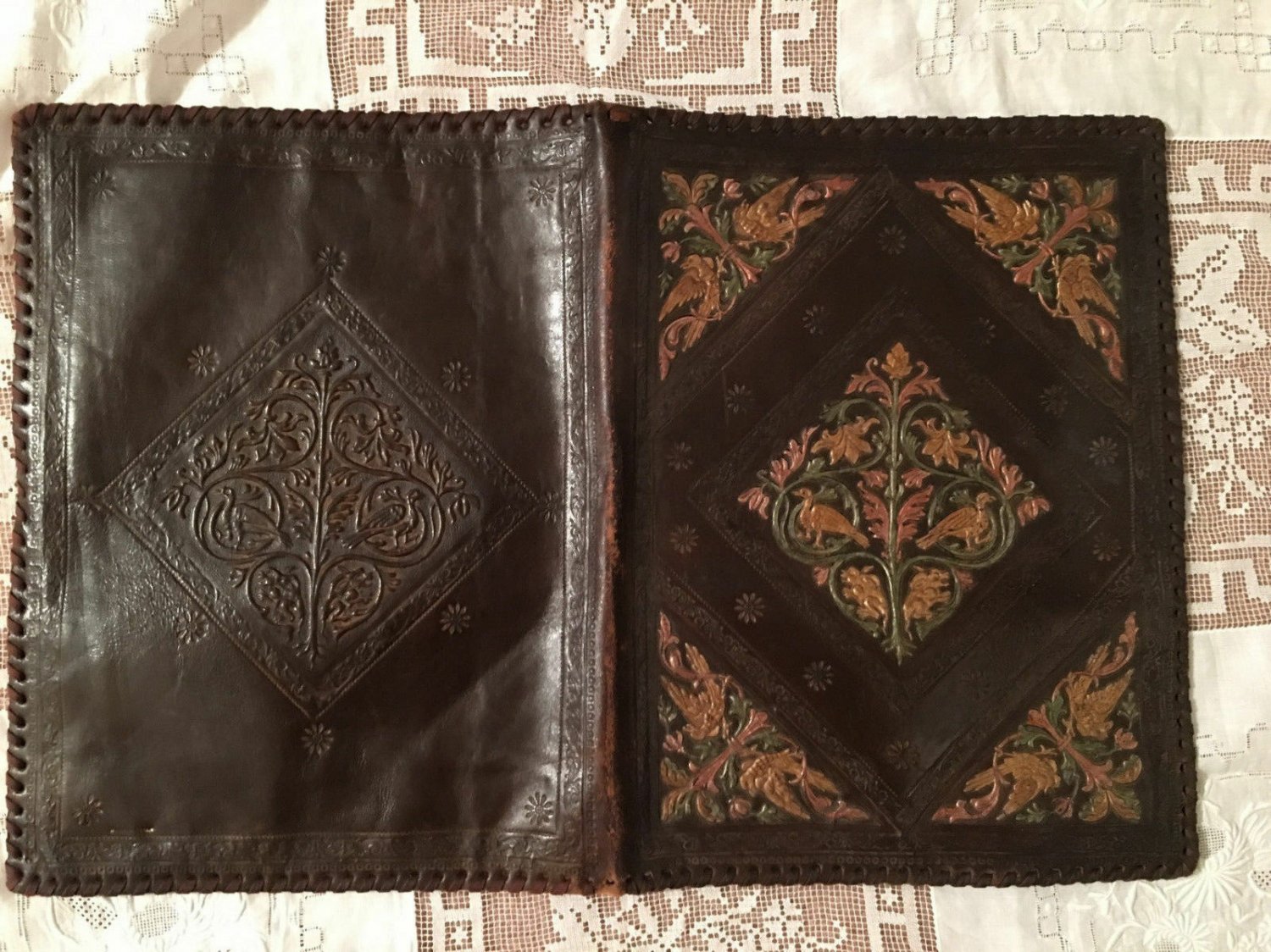 Antique Vintage Embossed Heraldic Italian Leather Book Cover Lion Leaves