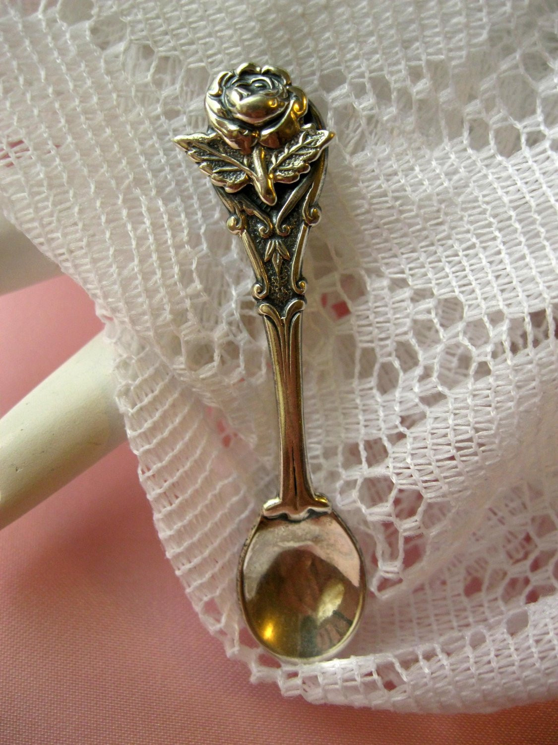 VINTAGE STERLING SILVER ROSE SPOON PIN SIGNED JEWELART