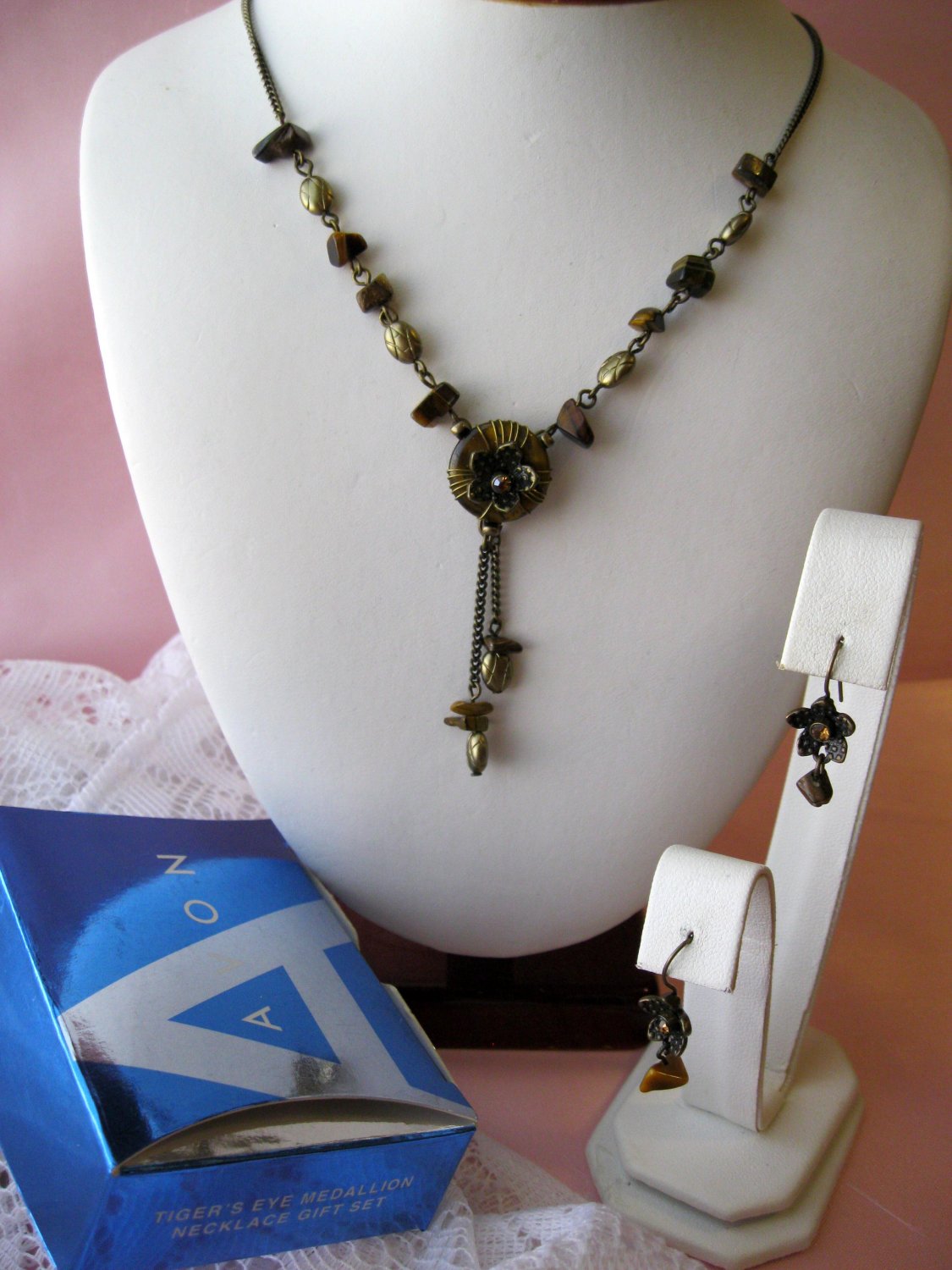 Tiger's Eye Medallion,Avon Necklace,Avon Earrings,earrings,Gift Set