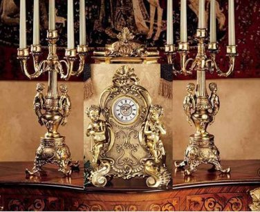 Rococo Style Cherub 19" Clock Saint Remy With 20" Candelabra Set