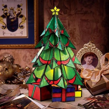 Christmas Tree Stained Glass Table Lamp 11" Illuminated Sculpture