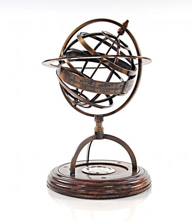 Antique Armillary Brass Desktop Globe Sphere 11"  Wood Base with Zodiacs Compass
