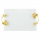 Elegant Golden Botanica Vanity Glass Tray W/ Crystals Floral Patterened Handles