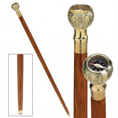 Walking Stick Empress Collection w/Compass Solid Hardwood 36" Brass Handle  Cane