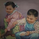 Retro Vintage Poster China Children Feeding chickens ZHANG DAXIN 1962 海报