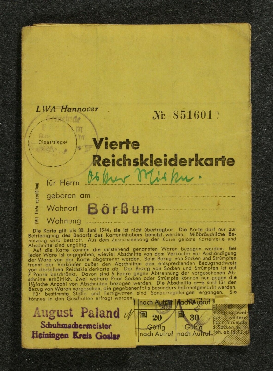 Clothing Card 3rd Reich 1944 WW2