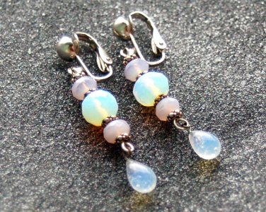 Opalite Glass Drop Clip On Earrings