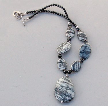 Black White Silk Stone Onyx Gemstone Necklace