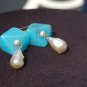 Simulated Turquoise and Pearl Artisan Drop Earrings