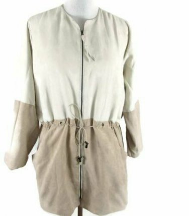 Coldwater Creek Women's Jacket Linen Pockets Drawstring Zip Up Size PM White Tan