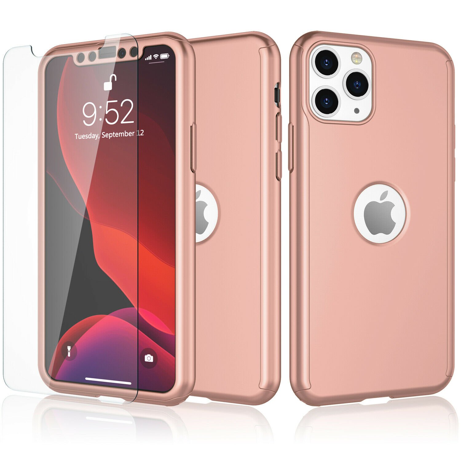 UNA SELLER For iPhone 11 360° Case Cover with Tempered Glass Screen Protector #Rose Gold