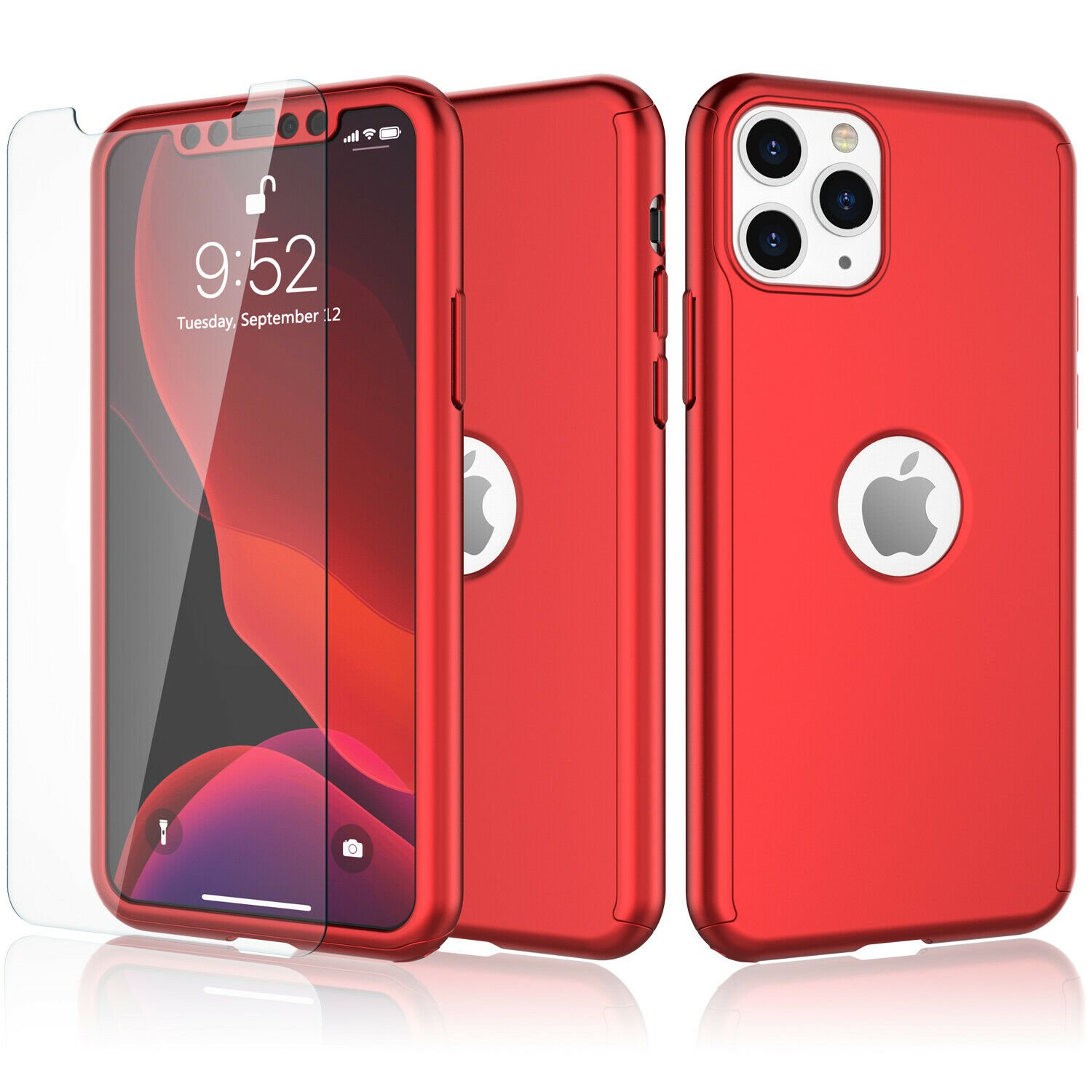 UNA SELLER For iPhone 11 Pro Max 360° Case Cover with Tempered Glass Screen Protector #Red