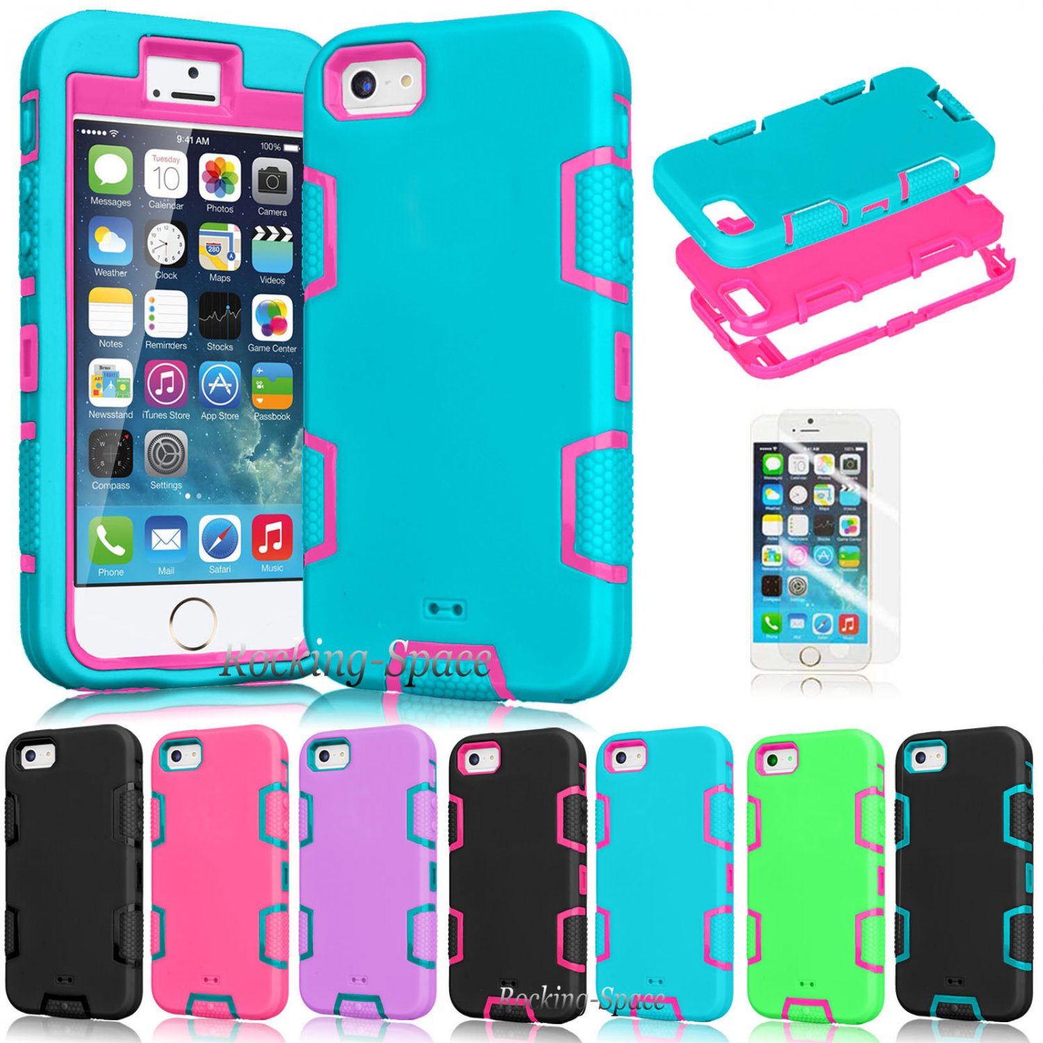 UNA SELLER Film + Hybrid Shockproof Rugged Rubber Hard Case Cover For 4.7" iPhone 6 #Blue Hot Pink