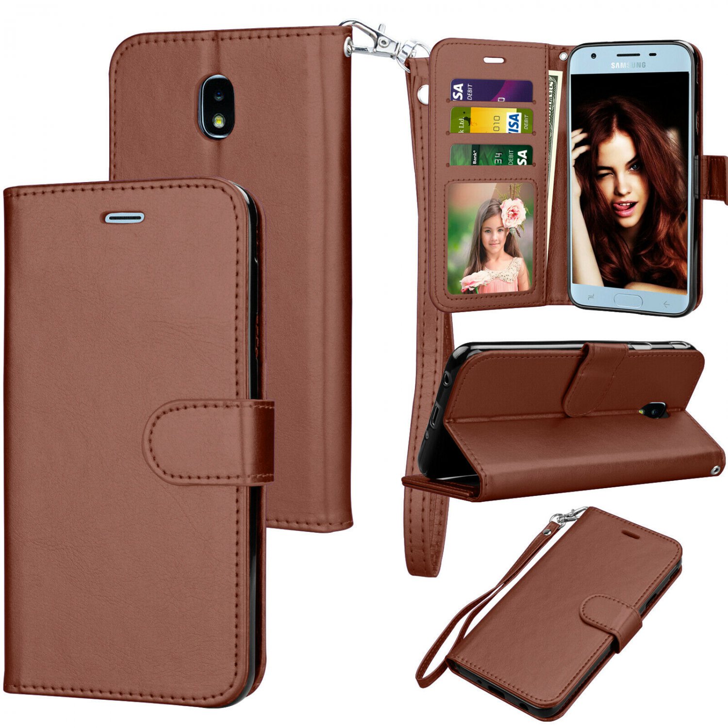 UNA SELLER Samsung Galaxy J3 Orbit / SM-S367VL Leather Wallet Stand Case + Card Holder #Brown