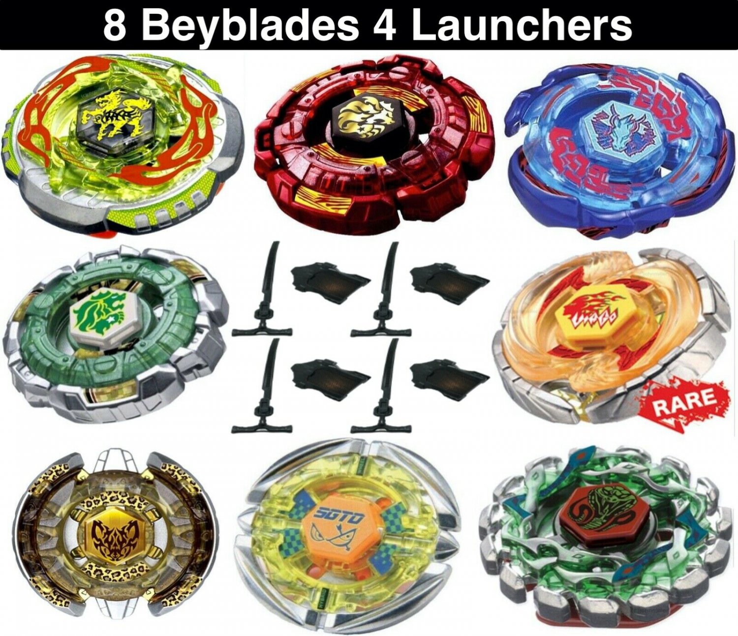 Una Wholesale Lot Pack of 8 Assorted Beyblades Metal Master Set + 4 Launchers USA
