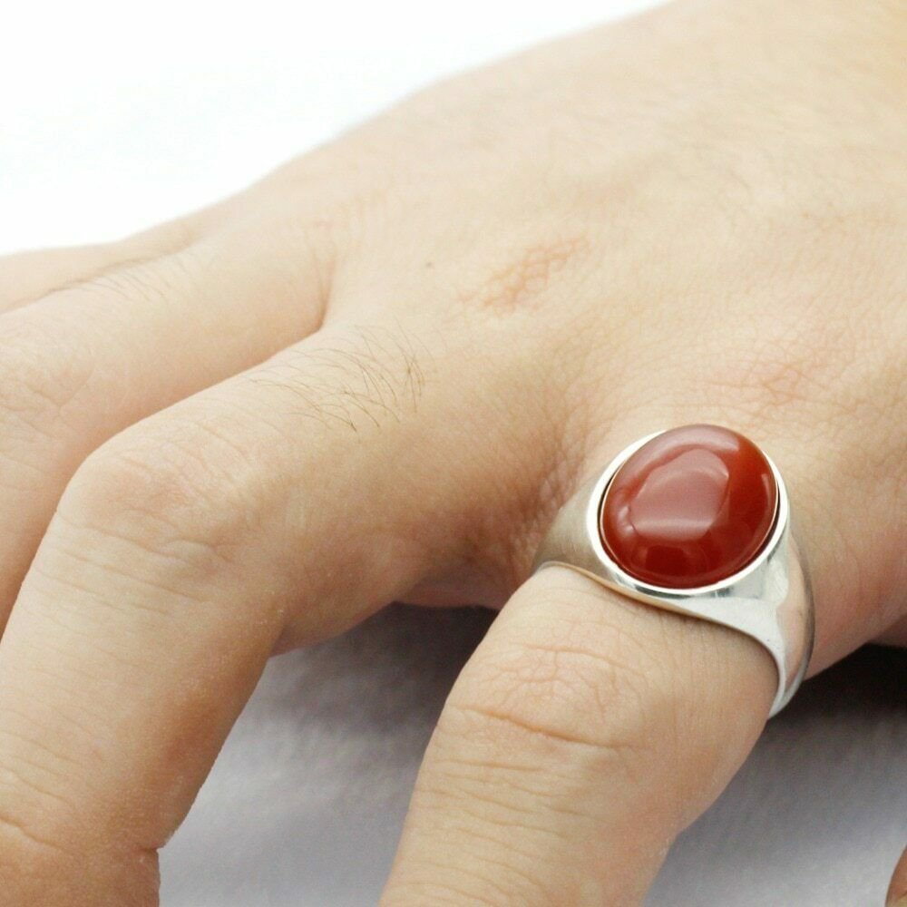 925 Sterling Silver Men Ring with Natural Red Onyx Stone Ring for Men Women Tu