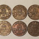 Lot 6 Coin Canada penny 1 Cent 1929 1932 1933 1934 1935 1936