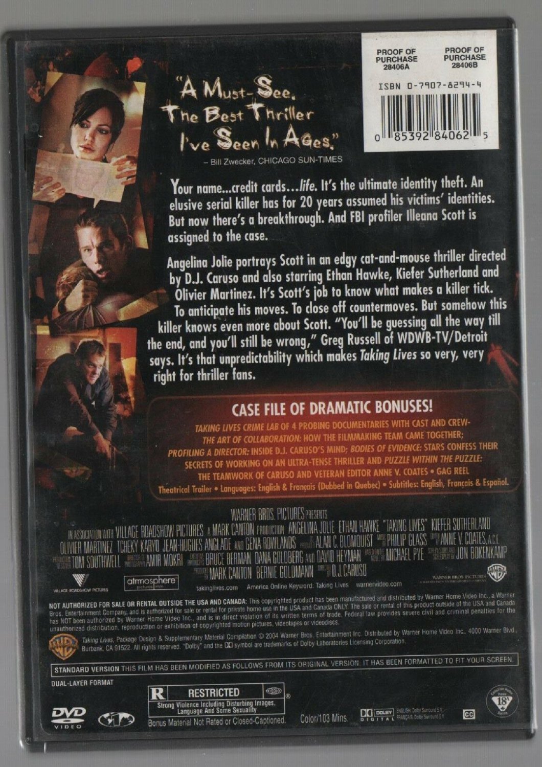 Taking Lives (DVD, 2004, Full Screen Edition) DISC and Case are like new