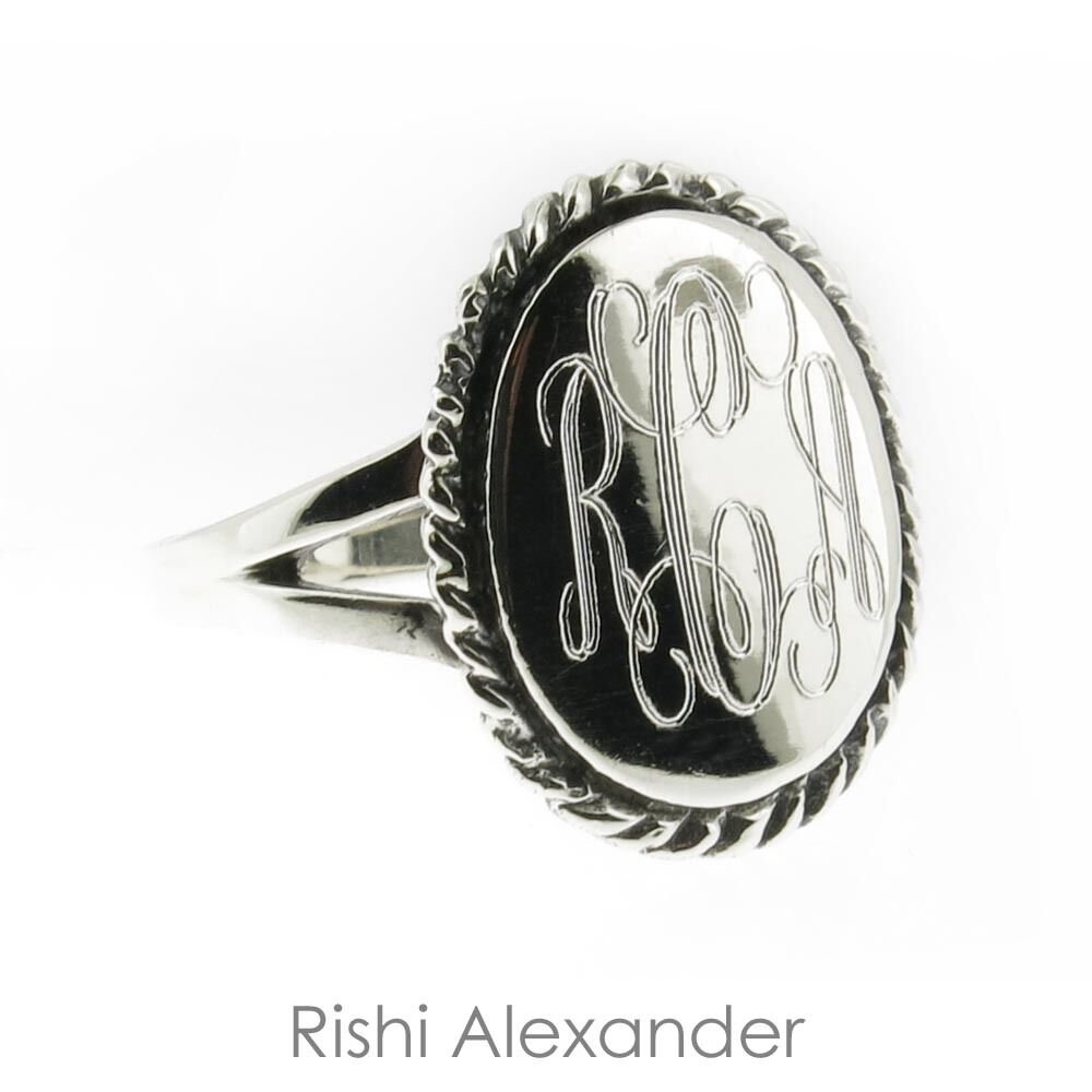 925 Sterling Silver Monogram Engravable Oval with Thick Rope Edge Signet Ring 7 From USA