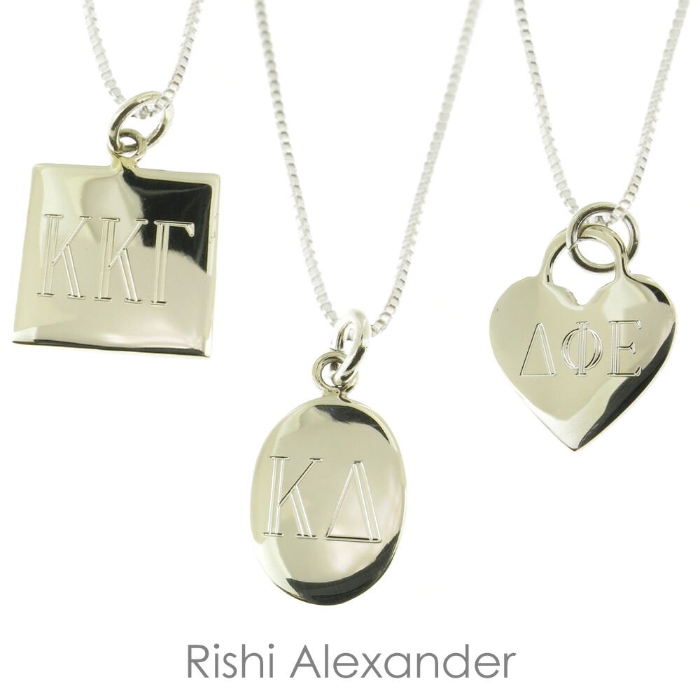 925 Sterling Silver Greek Sorority Monogram Necklace Pick any Chain Style Box Round From USA