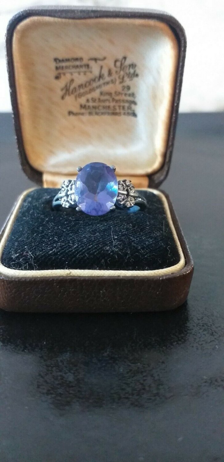 Antique Vintage Edwardian Ring Silver- Sapphire and Zircon Size UK O, US 7