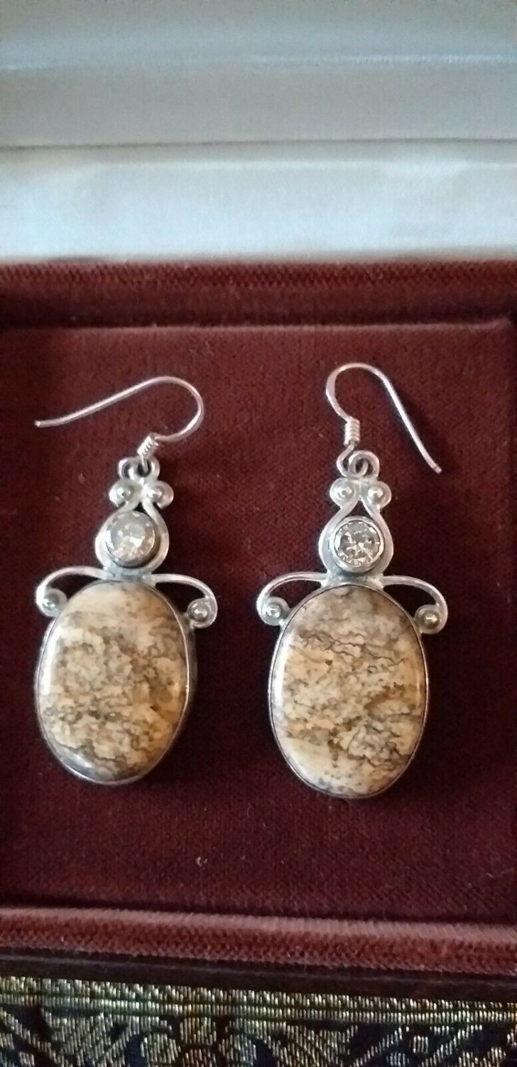 Vintage Scottish Agate Sterling Silver 925 Agate/Zircon Dropper Earrings -Heavy!